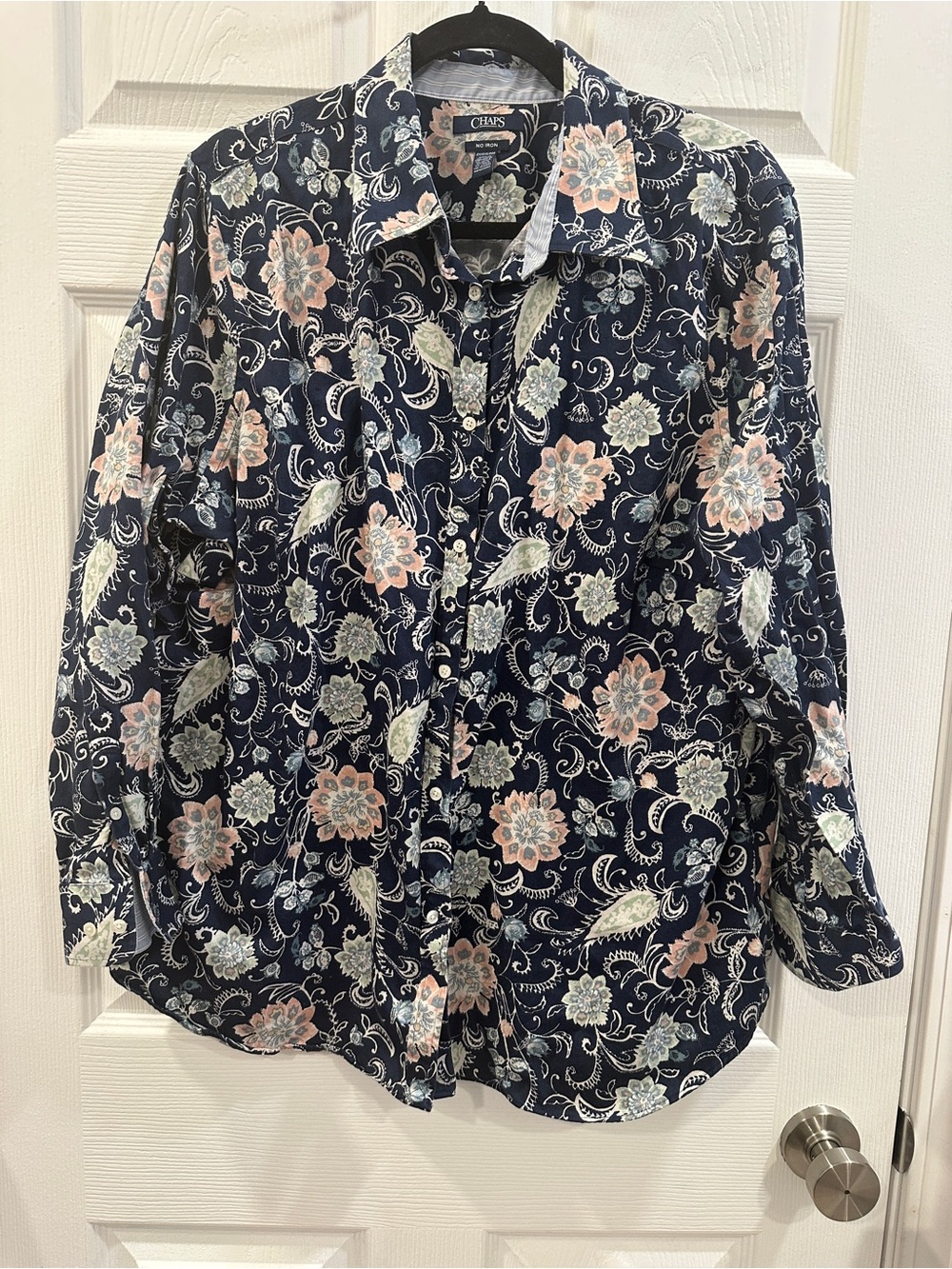 Chaps Womens No Iron Floral Cotton Button-Up Shirt 2X Blue Long Sleeve GUC
